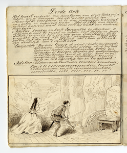 135574 Afbeelding van een pagina met een tekening van een scene uit de opera Euryanthe van Carl Maria von Weber, op 25 ...
